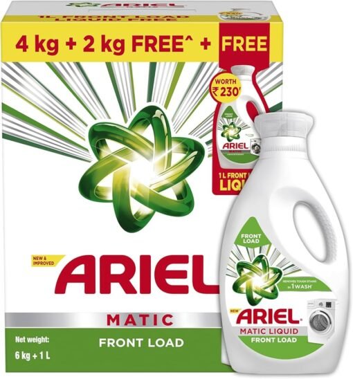 Ariel Matic Front Load + Matic Liquid Free Detergent Washing Powder – 6kg + 1L Liquid Free