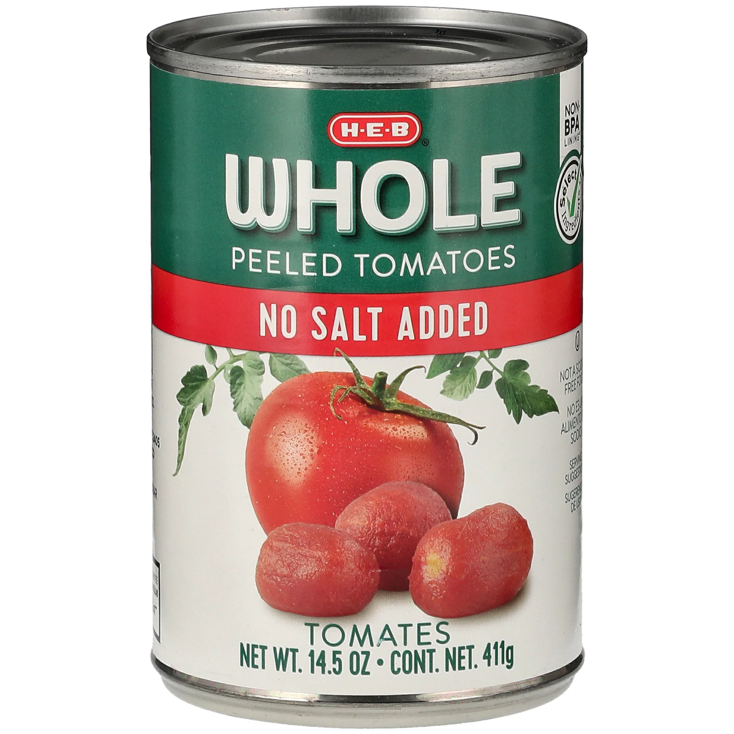 H-E-B No Salt Added Whole Peeled Tomatoes, 14.5 oz (411g)