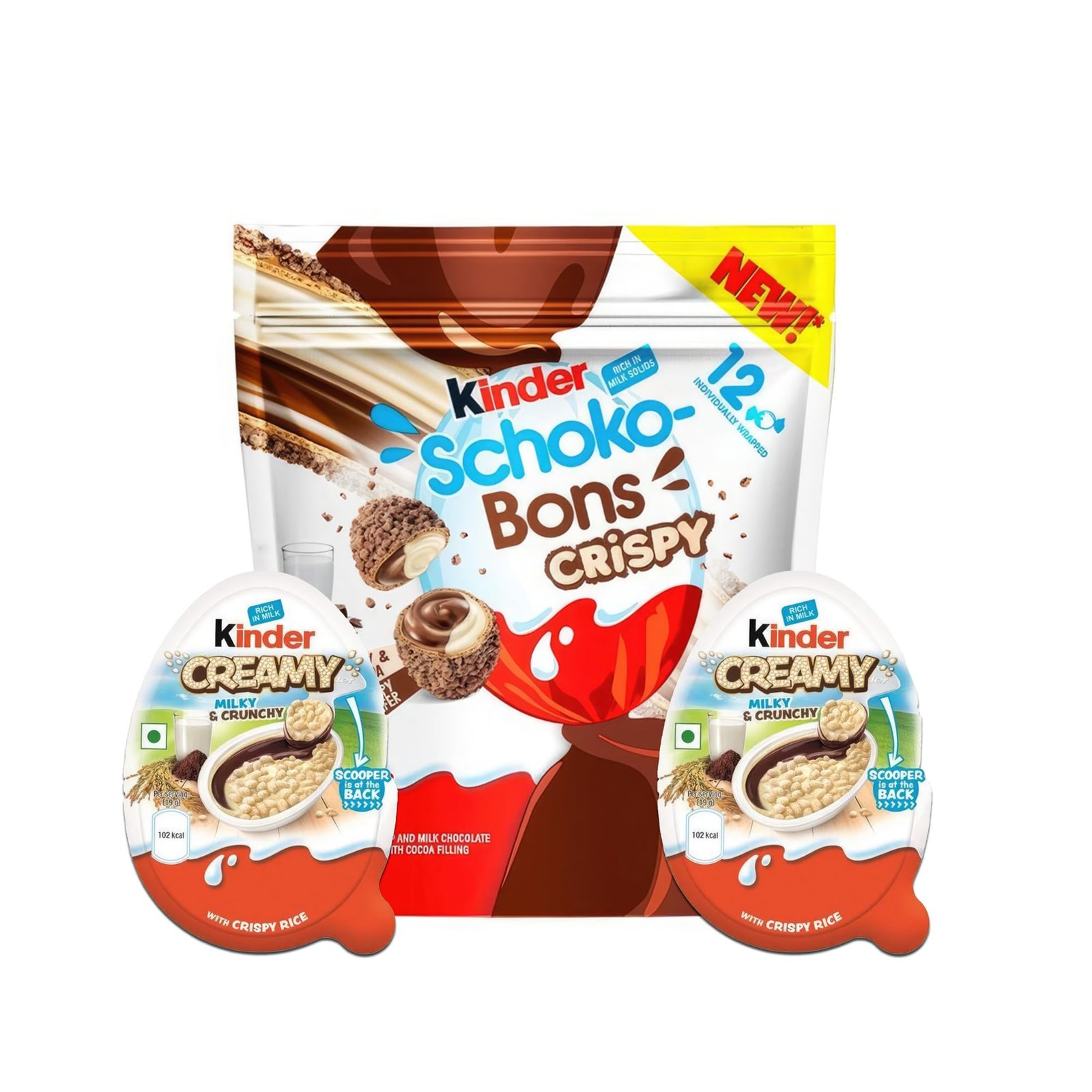 Kinder Schokobons Crispy: 1x 67.2g Pack + 2x Kinder Creamy 19g – Creamy | Milky & Crunchy Snack