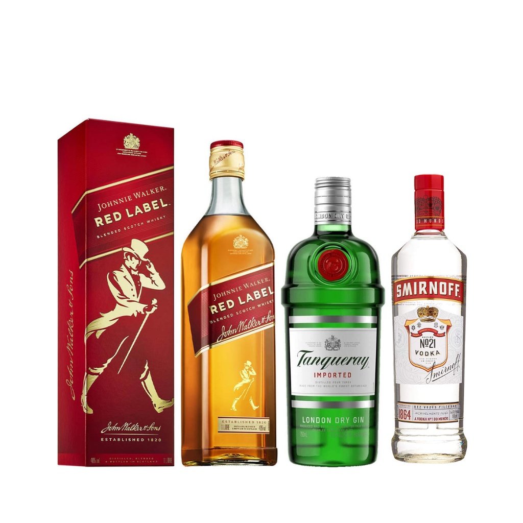 Whisky Red Label 1L + Gin Tanqueray + Vodka Smirnoff 998ml – Premium Spirits Collection